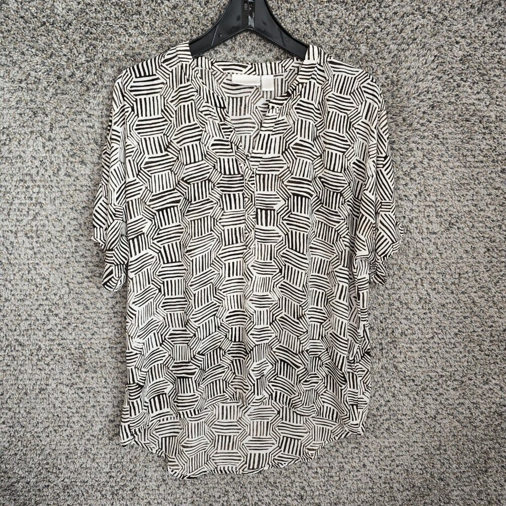 Chicos Top Womens 0 US Small Brown Printed Sheer Split Neck Blouse Ladies